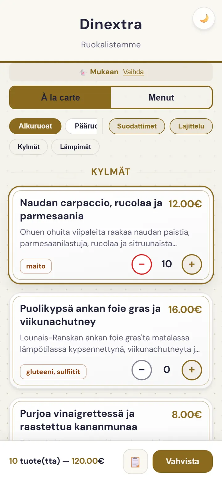 Mukaan tilaamisen näkymä